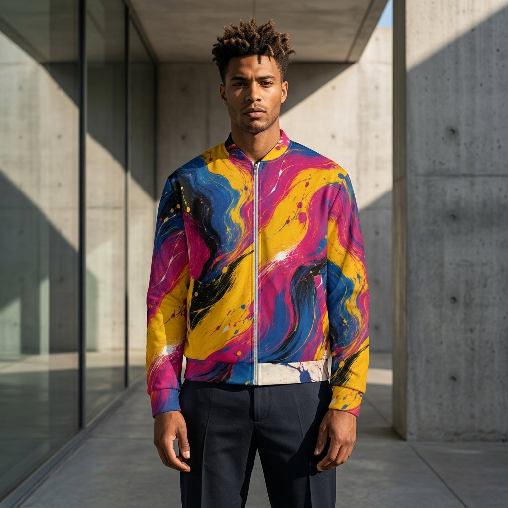 Man wearing the Chromatic Rush bomber jacket, yellow, blue and magenta print