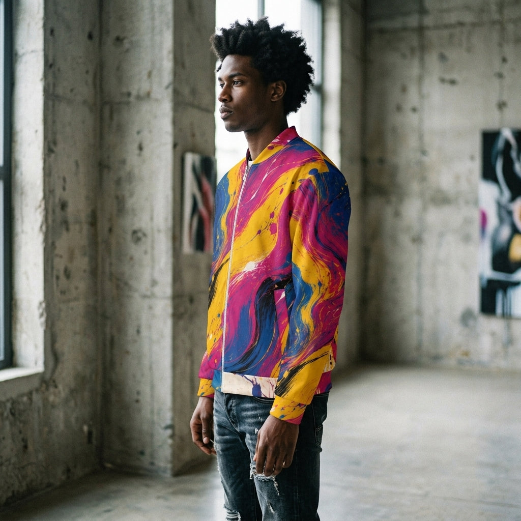 Man wearing the Chromatic Rush all-over print bomber jacket