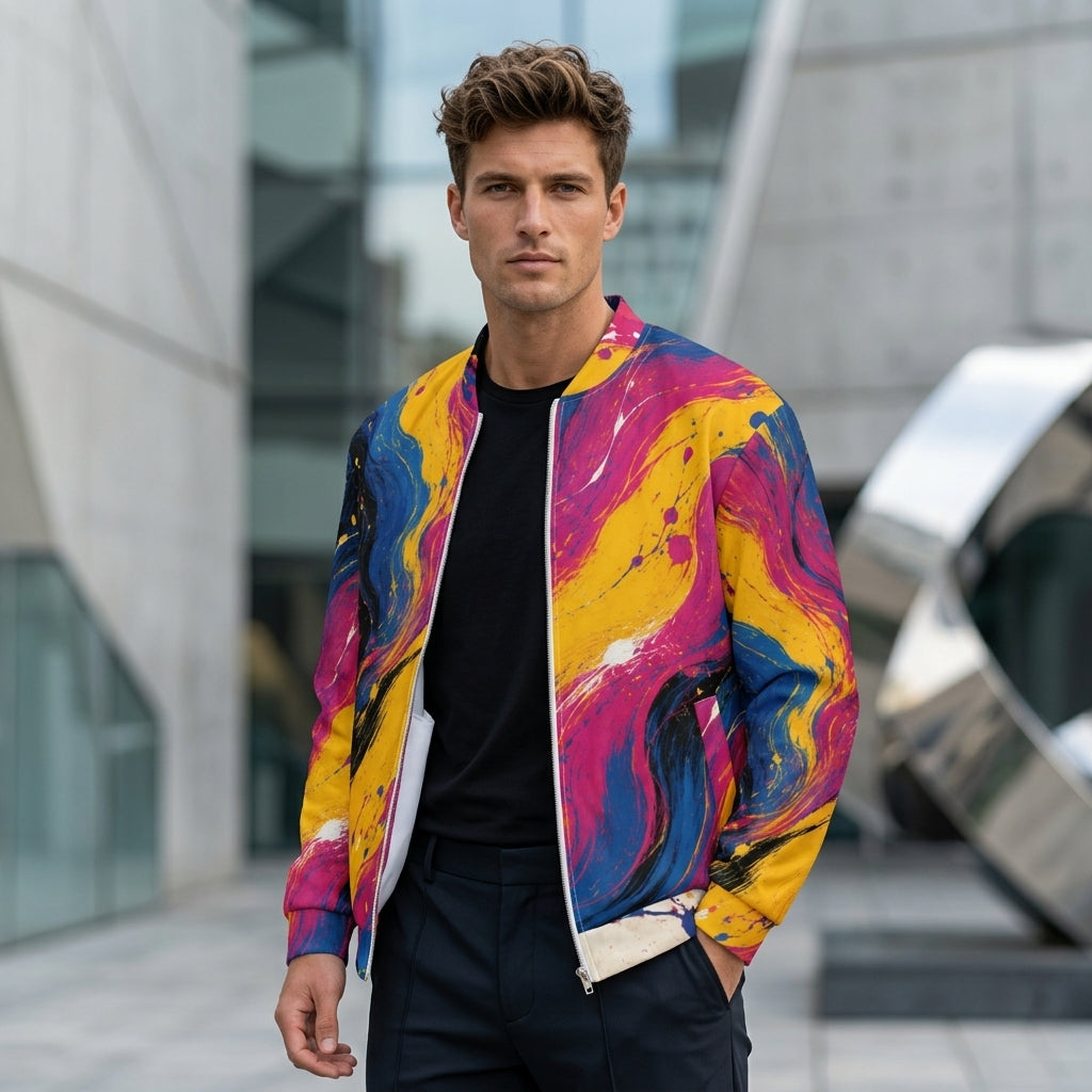 Man wearing the Chromatic Rush all-over print bomber jacket