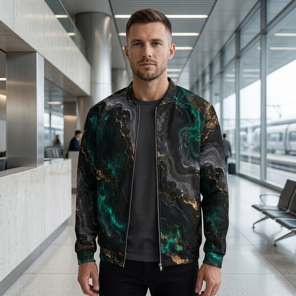 Man wearing the Emerald Obsidian bomber jacket – black, emerald and gold marble print