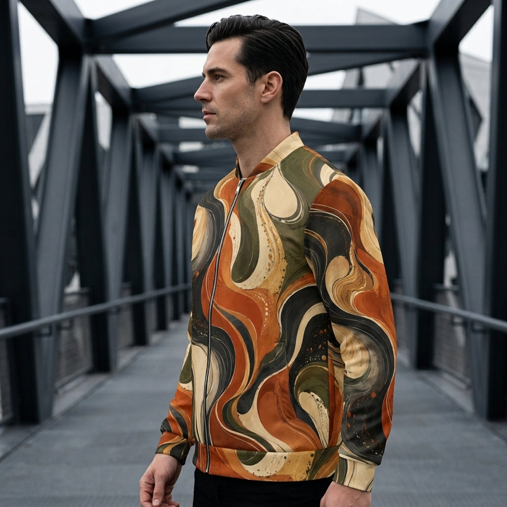 Man wearing the Terra Flux bomber jacket, burnt orange and olive print