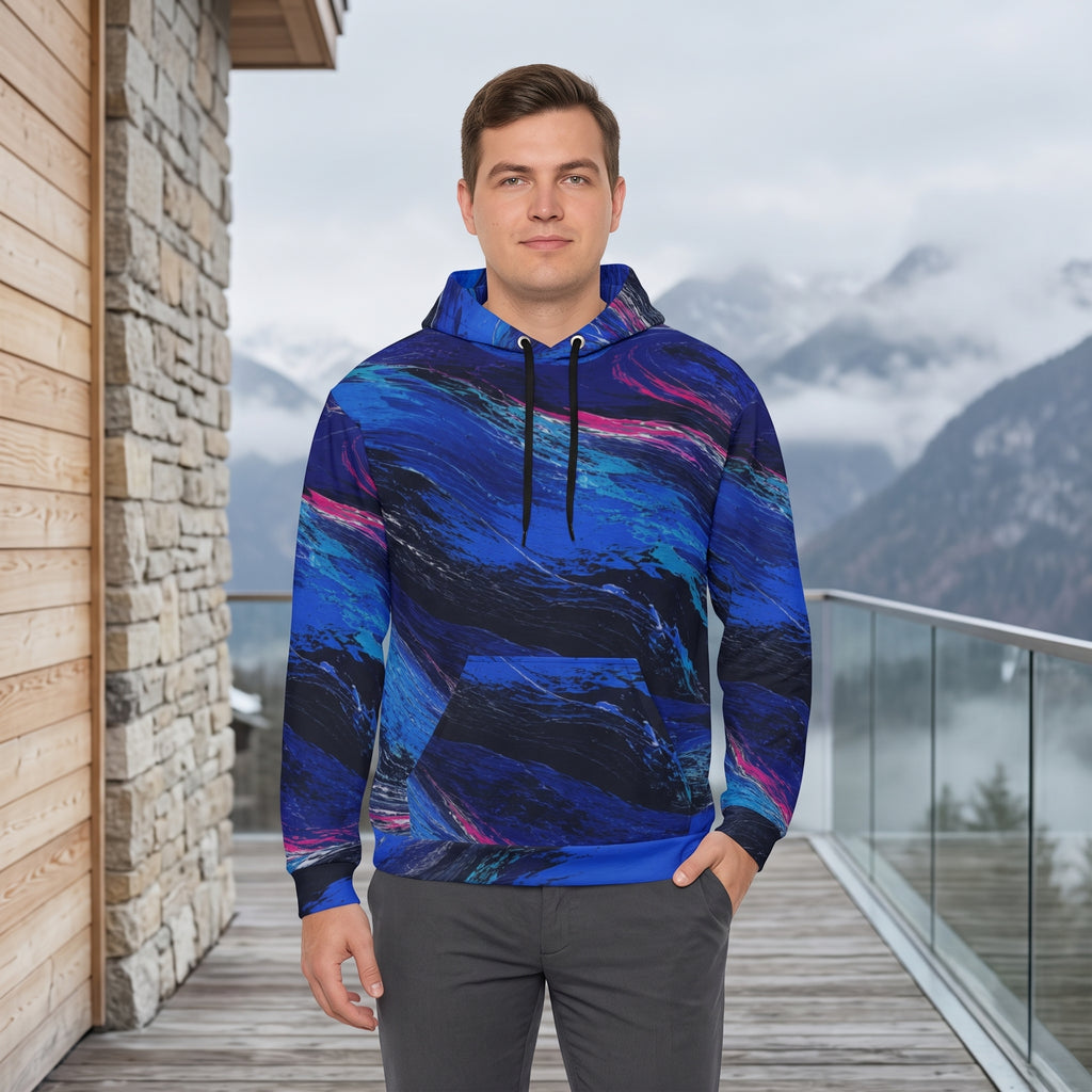 Man wearing the Cobalt Afterglow hoodie, cobalt blue print