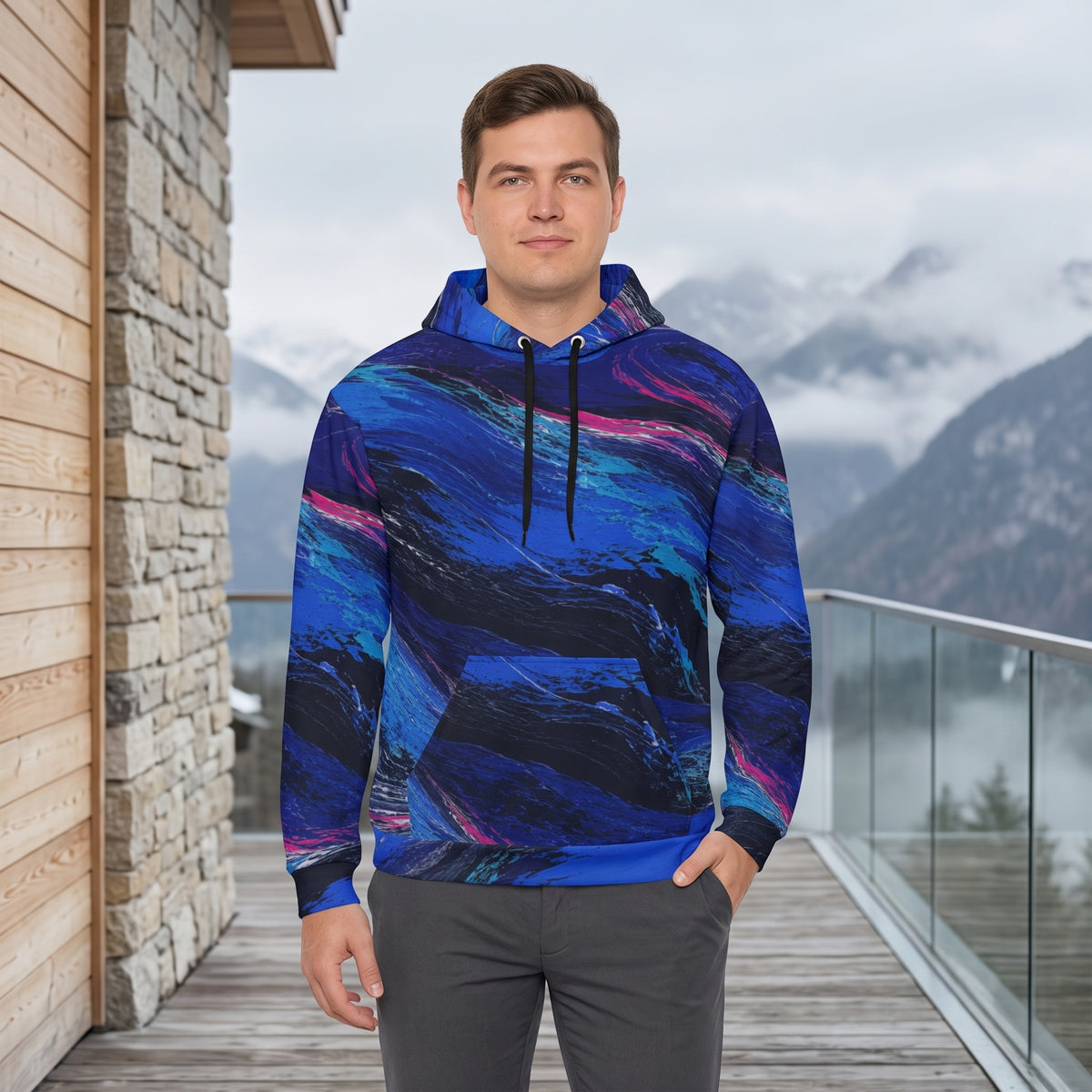 Man wearing the Cobalt Afterglow hoodie, cobalt blue print