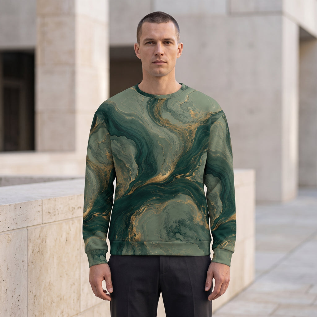 Man wearing the Emerald Current all-over print sweatshirt