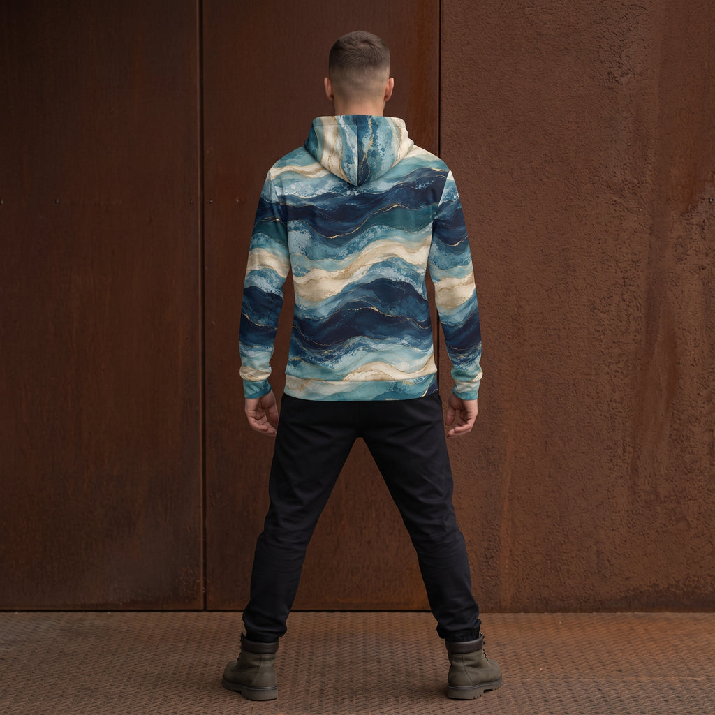 Man wearing the Oceanic Strata all-over print zip hoodie