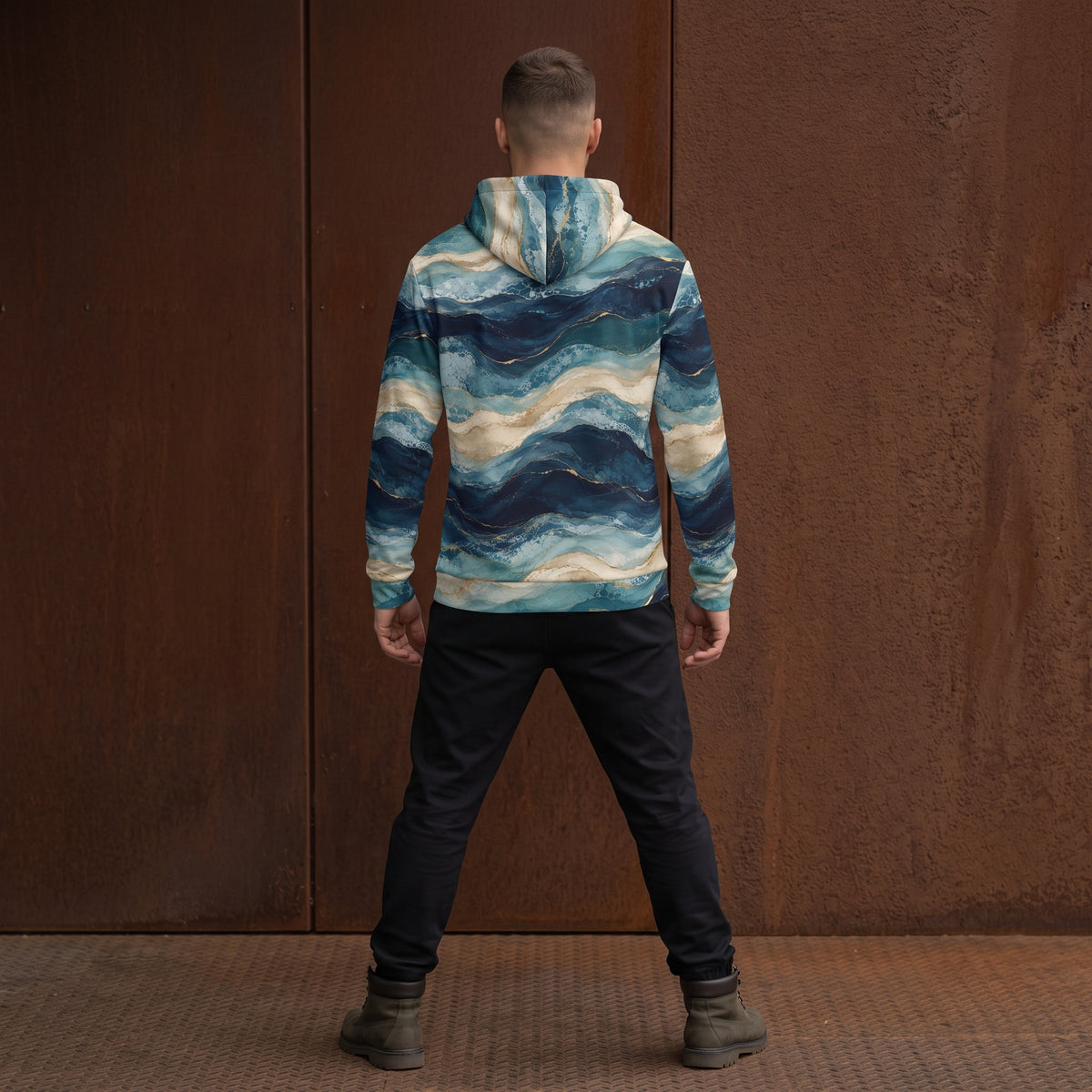 Man wearing the Oceanic Strata all-over print zip hoodie