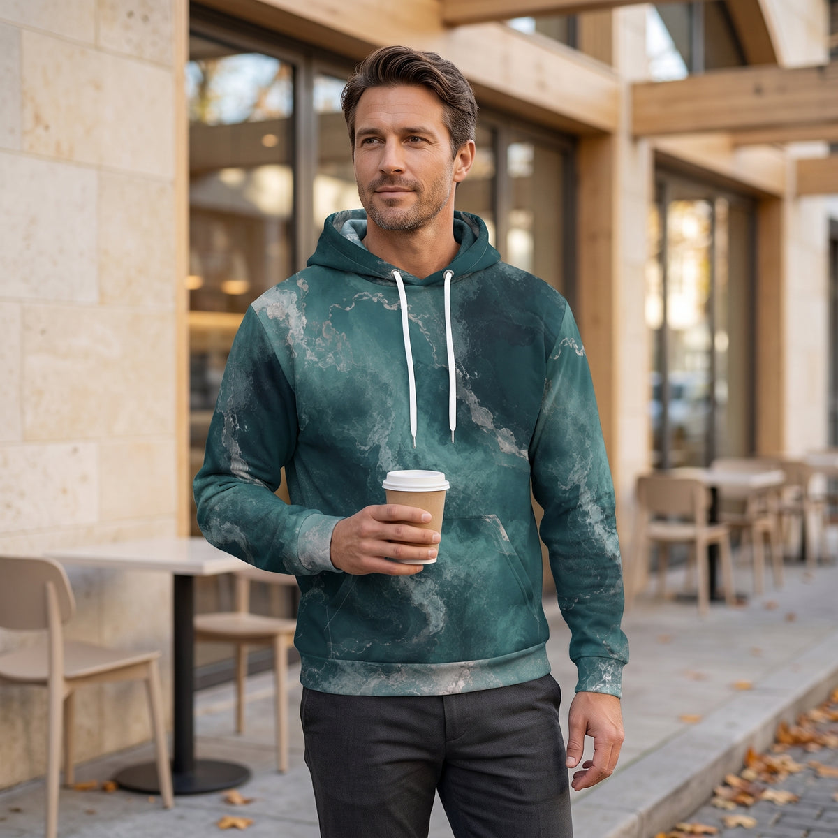 Man wearing the Abyssal Current all-over print hoodie