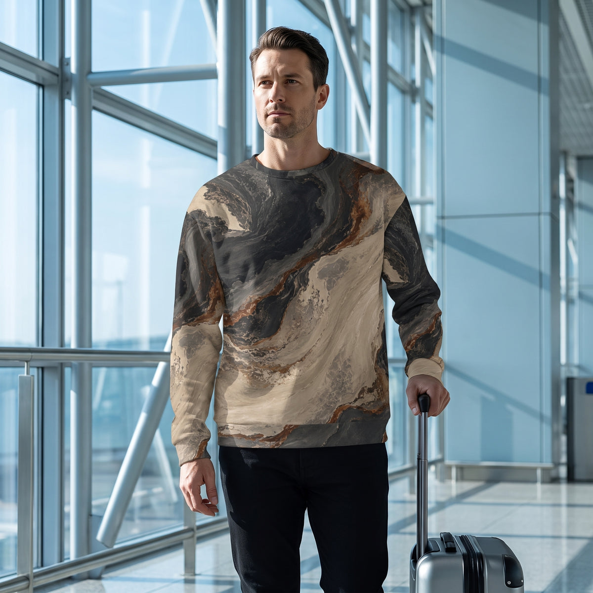 A man in an airport terminal wearing a long-sleeve crewneck sweatshirt with a brown, black, and beige marble pattern, walking while pulling a silver suitcase.