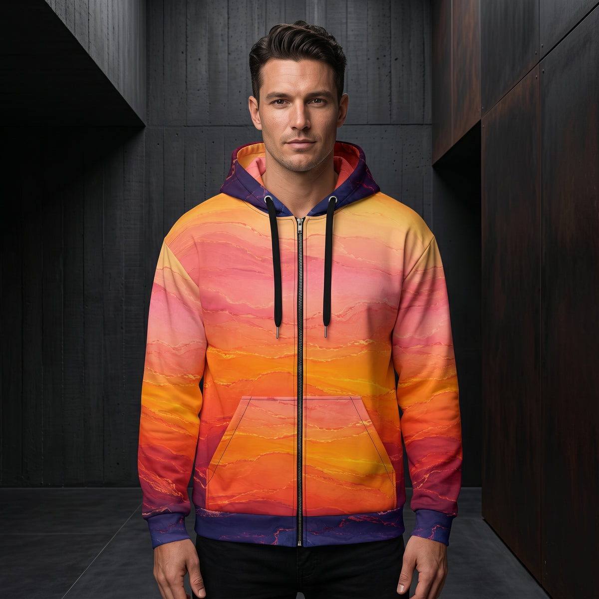 Man wearing the Solar Horizon zip hoodie – golden, orange and violet sunset gradient print