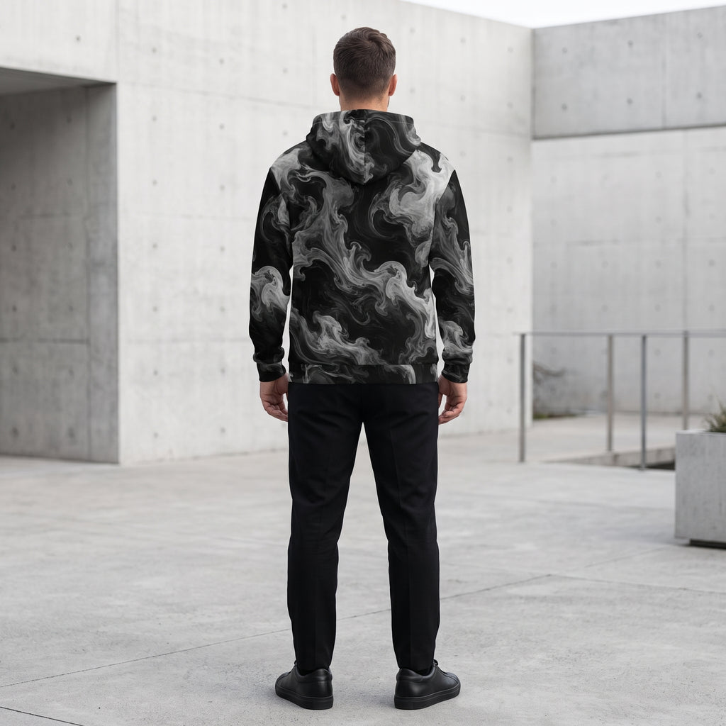 Man wearing the Phantom Smoke all-over print zip hoodie