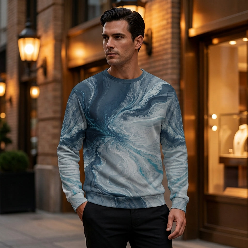 Man wearing the Tidal Convergence sweatshirt – navy, slate grey and turquoise ocean marble print