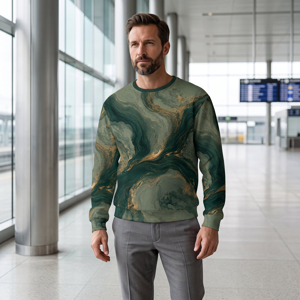 Man wearing the Emerald Current sweatshirt – forest green, sage and gold marble print
