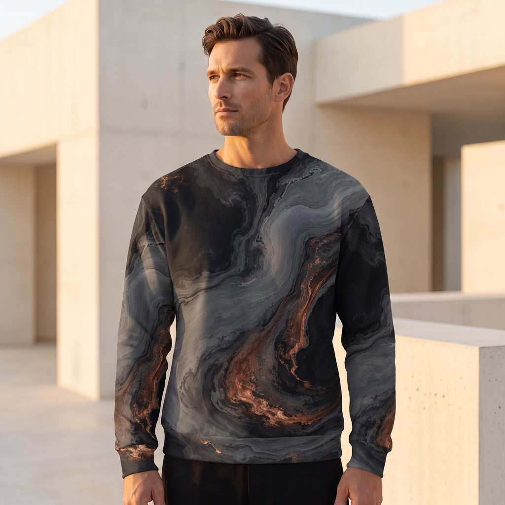 Man wearing the Molten Obsidian all-over print sweatshirt by modern architecture