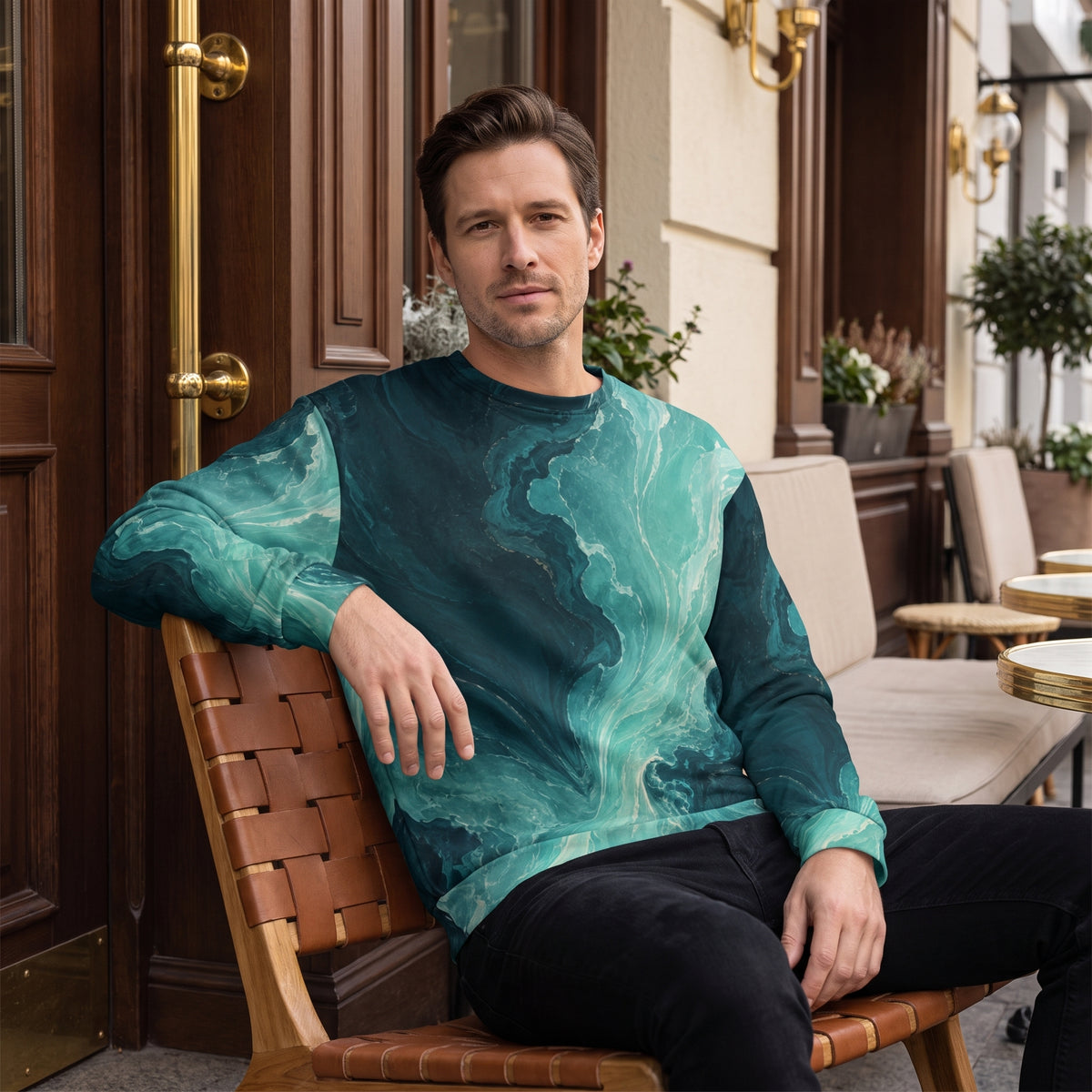 A man sits on a brown leather chair in front of a wooden door, wearing a long-sleeve crewneck shirt with a teal and green marbled pattern.