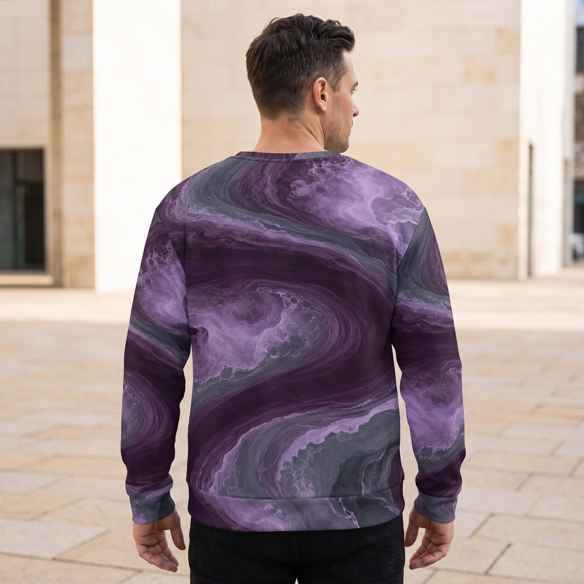 Man wearing the Amethyst Vortex sweatshirt, back view – amethyst purple, charcoal and plum marble print