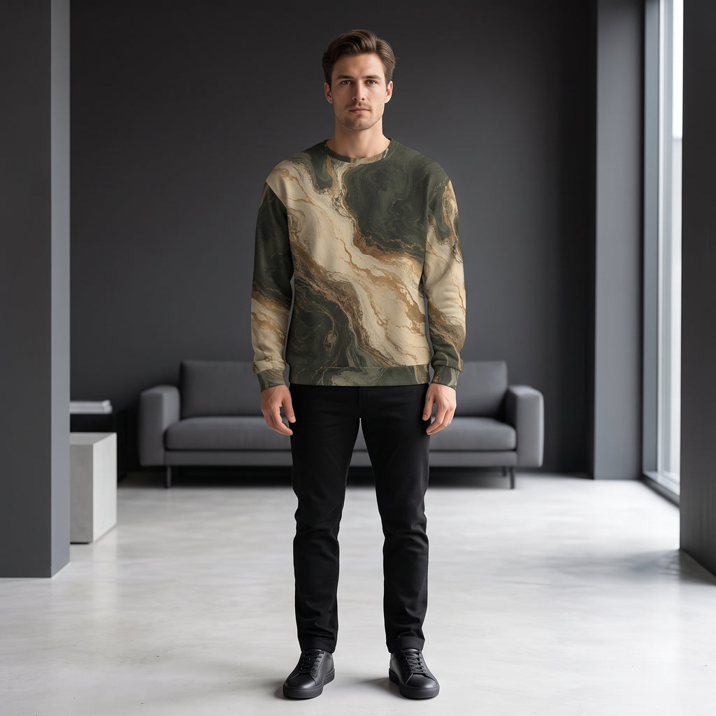 Man wearing the Verdant Strata sweatshirt – forest green, charcoal and beige marble print