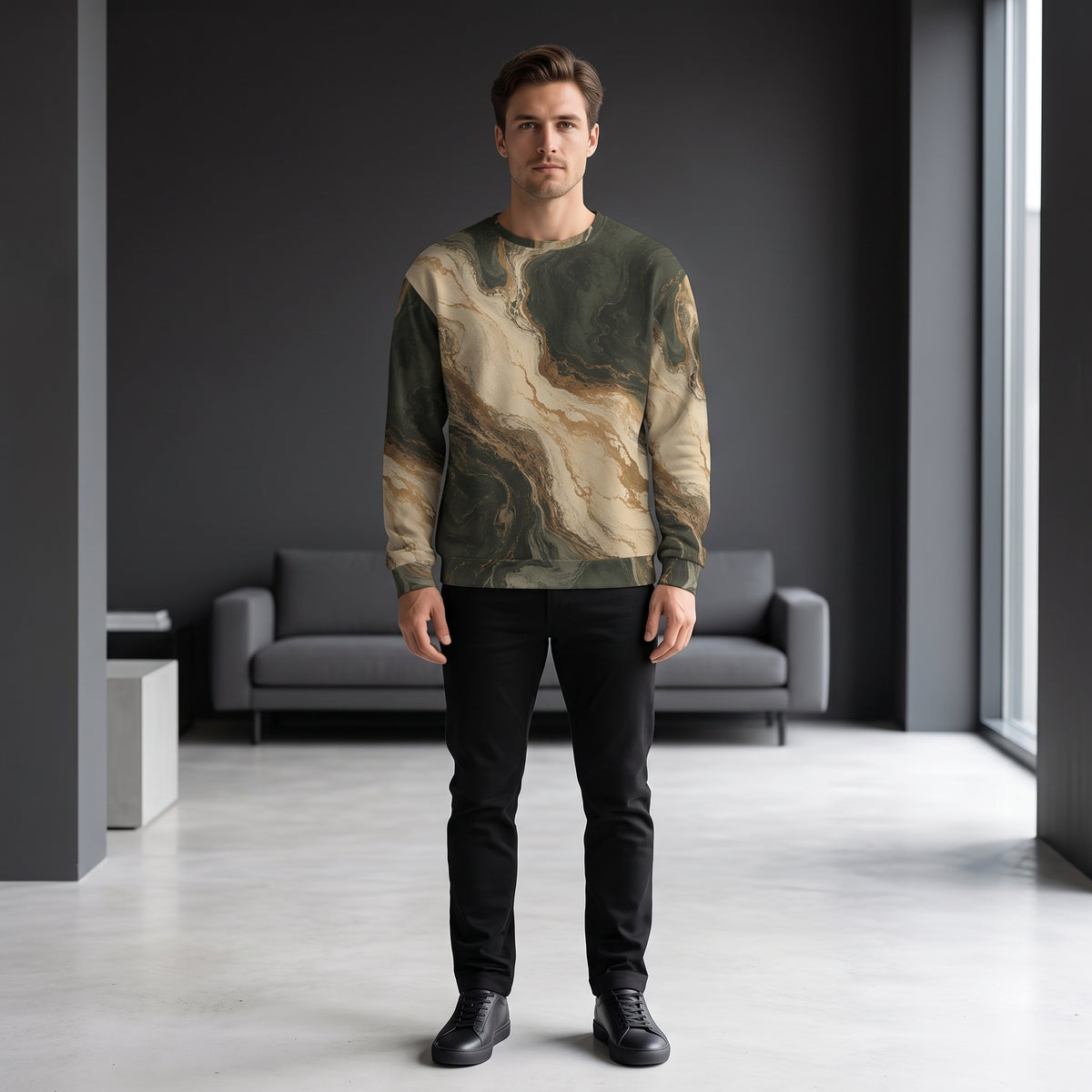 Man wearing the Verdant Strata sweatshirt – forest green, charcoal and beige marble print