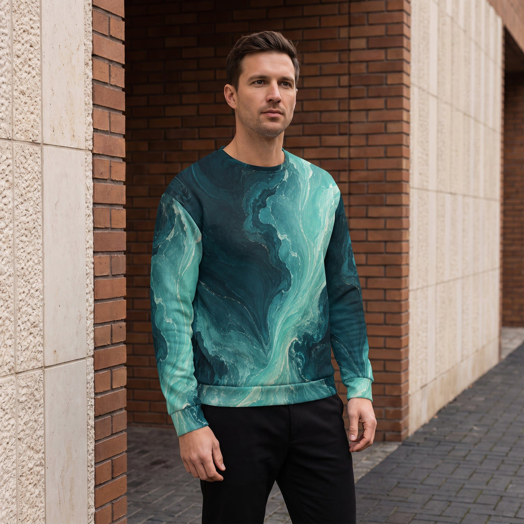 A man wearing a long-sleeve crewneck sweatshirt with a teal and dark green marble pattern, standing in front of a brick and stone building.