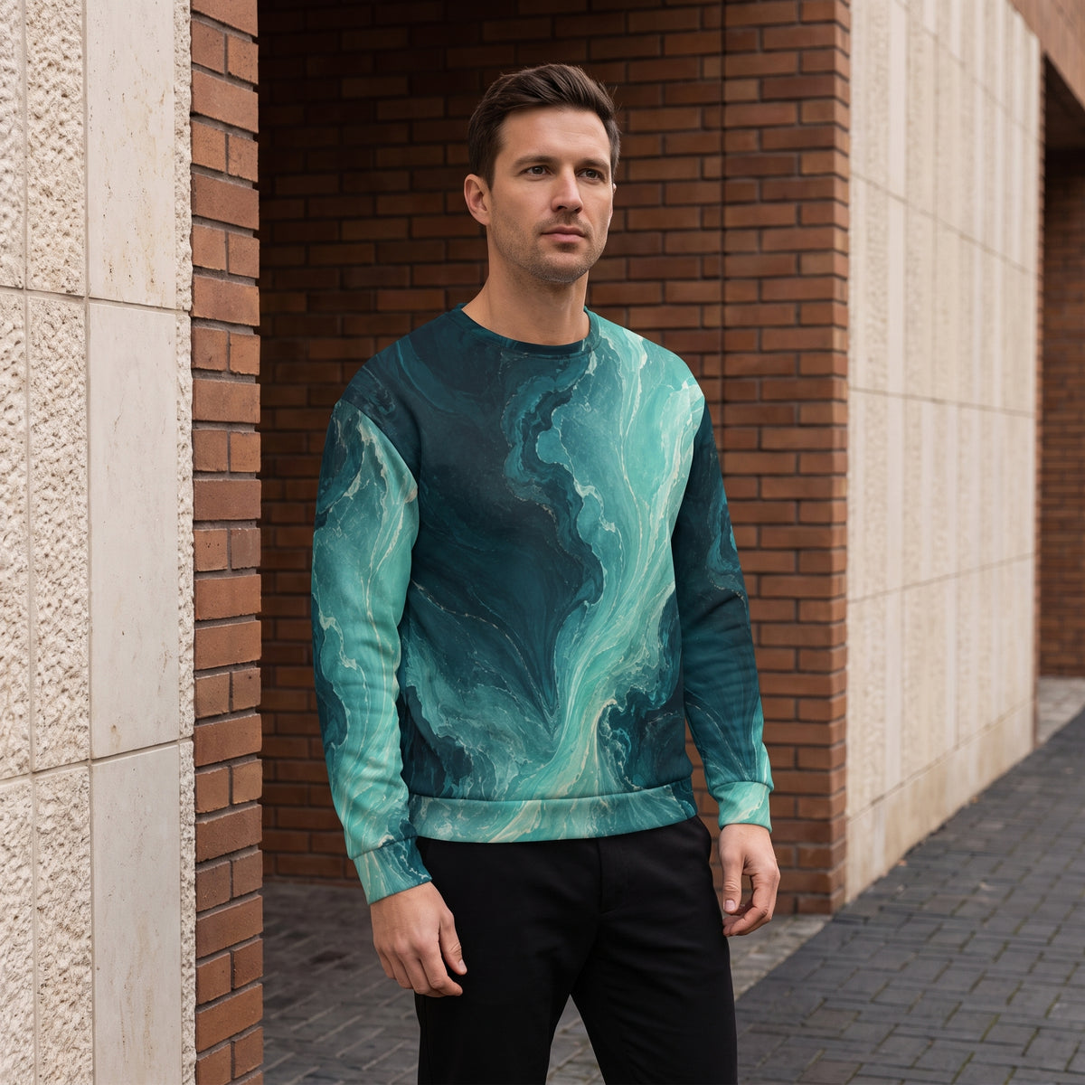 A man wearing a long-sleeve crewneck sweatshirt with a teal and dark green marble pattern, standing in front of a brick and stone building.