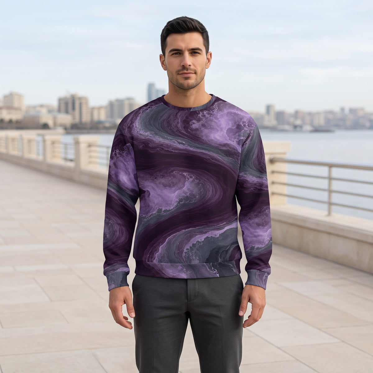 Man wearing the Amethyst Vortex sweatshirt – amethyst purple, charcoal and plum marble print