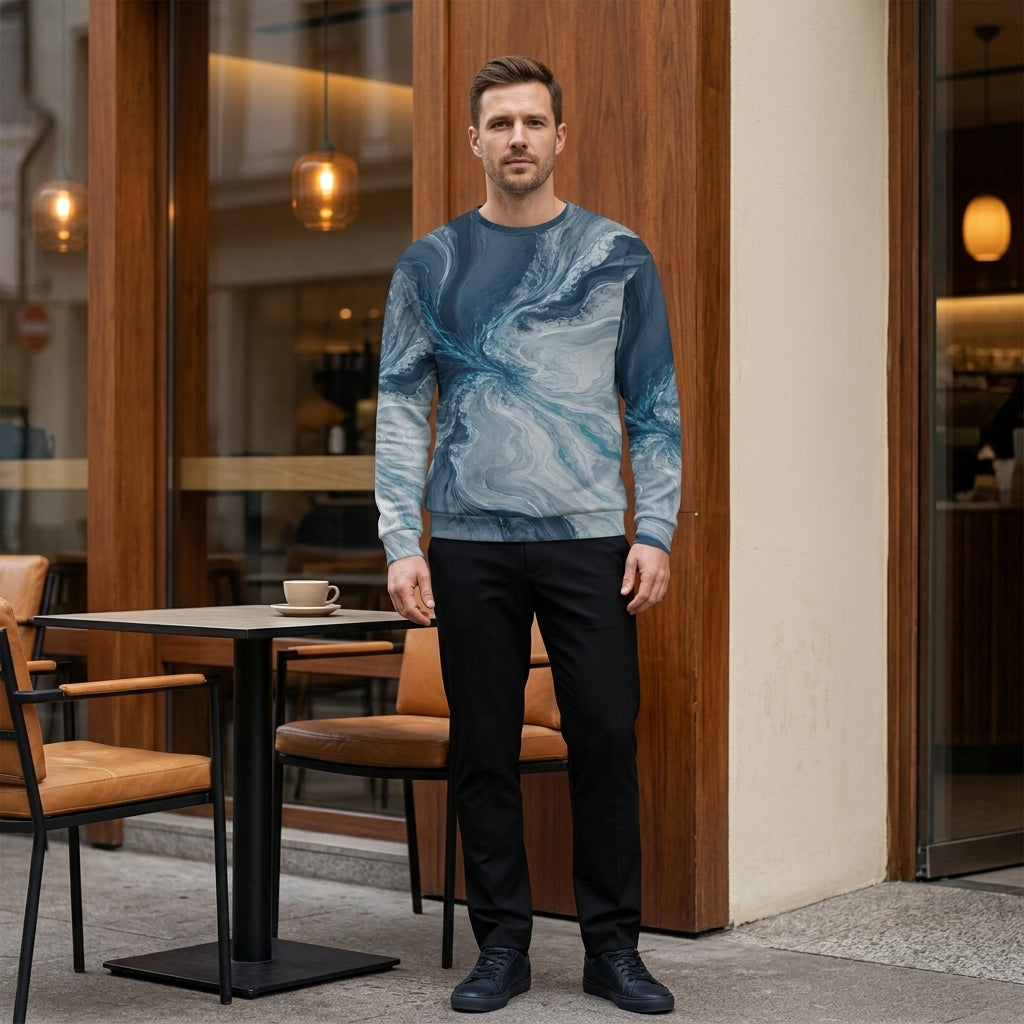 Man wearing the Tidal Convergence sweatshirt in a café, navy and turquoise print