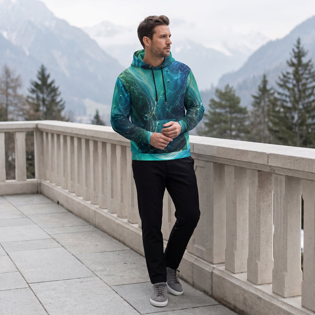 Man wearing the Oceanic Flow hoodie – turquoise, teal and blue ocean print