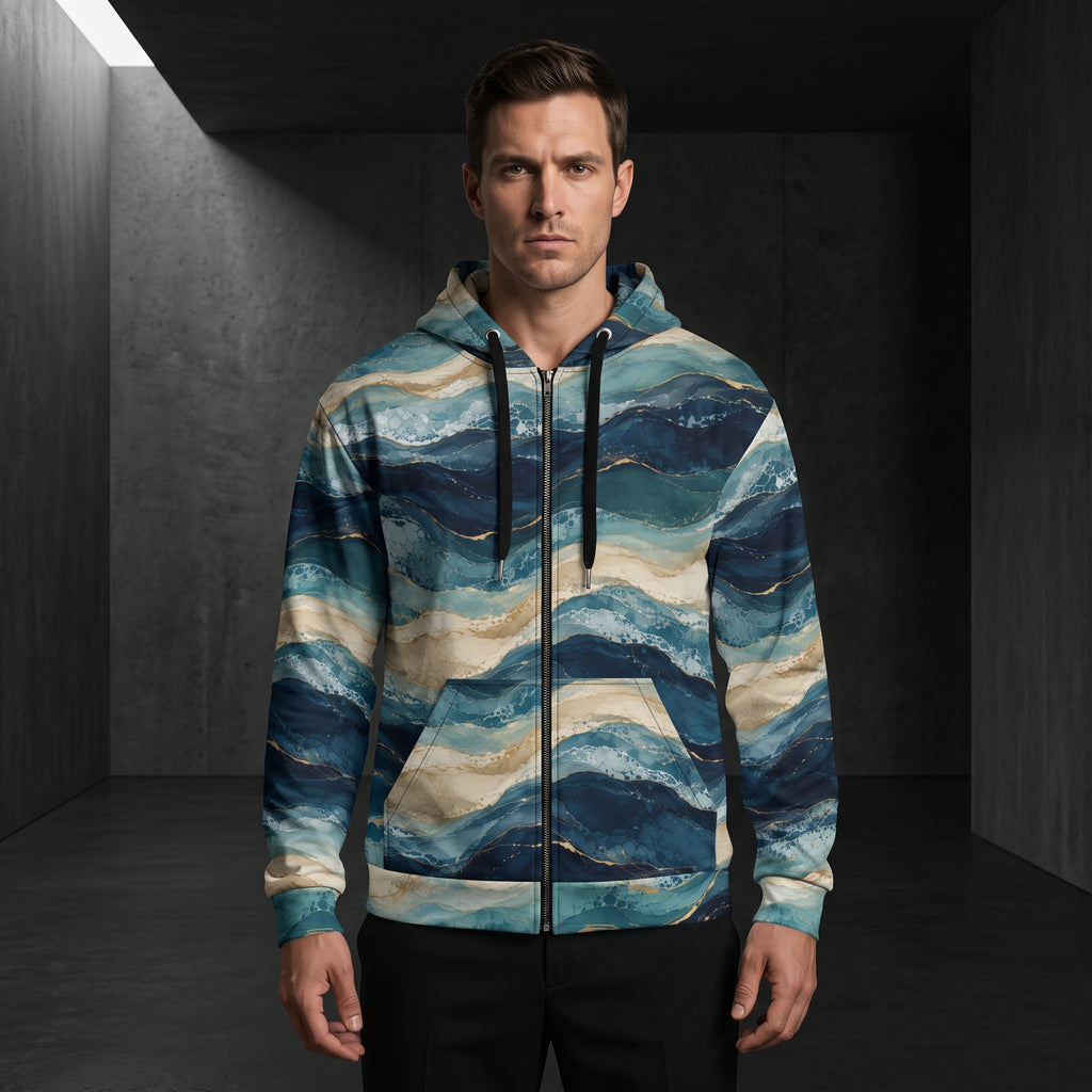 Man wearing the Oceanic Strata all-over print zip hoodie
