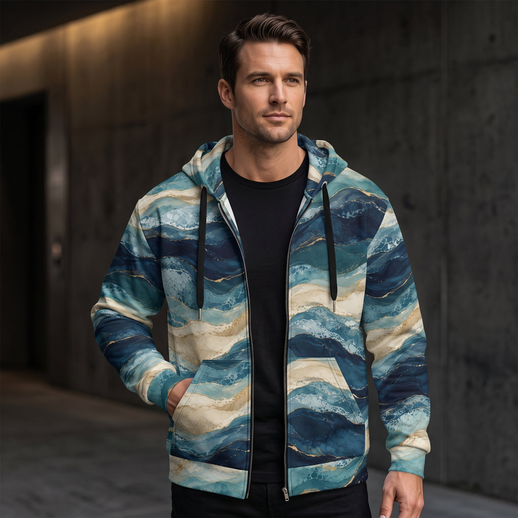 Man wearing the Oceanic Strata zip hoodie – navy, teal and sandy beige layered print