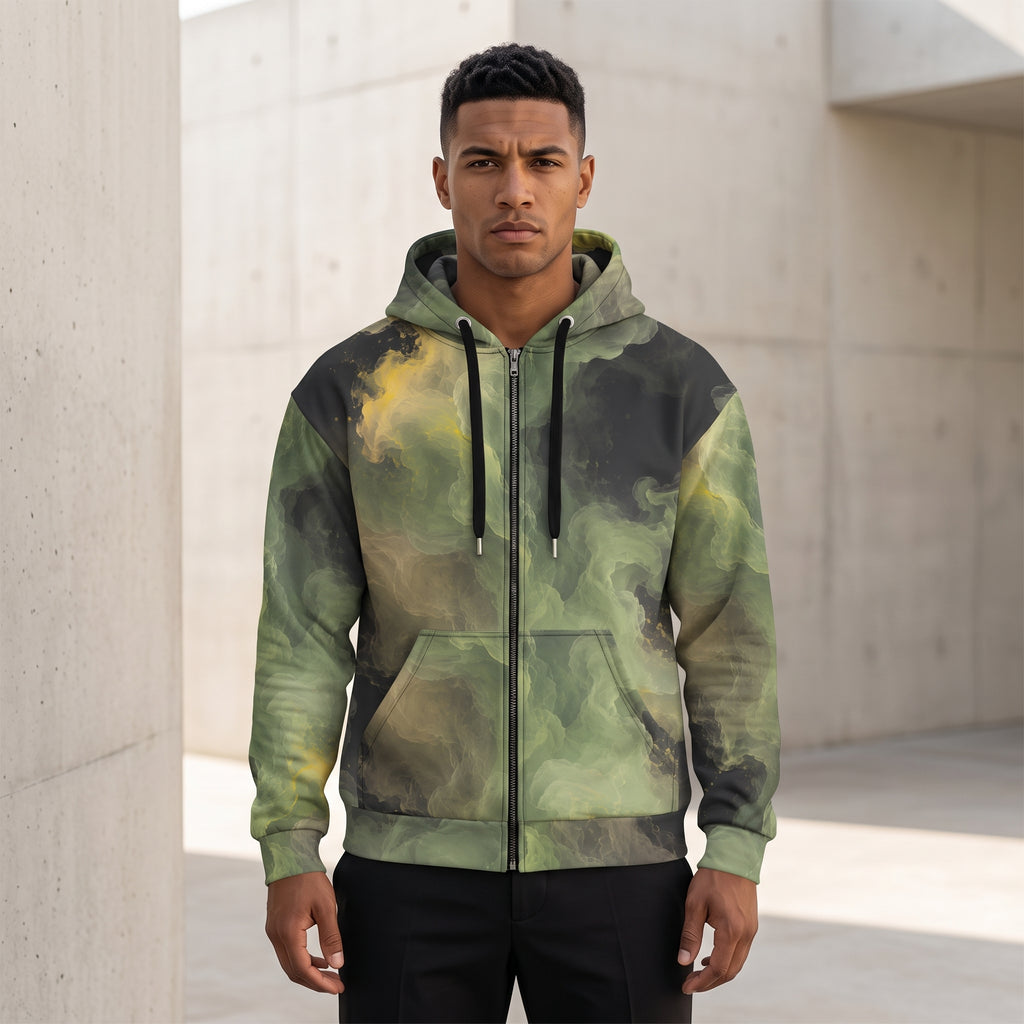 Man wearing the Verdant Shadow all-over print zip hoodie