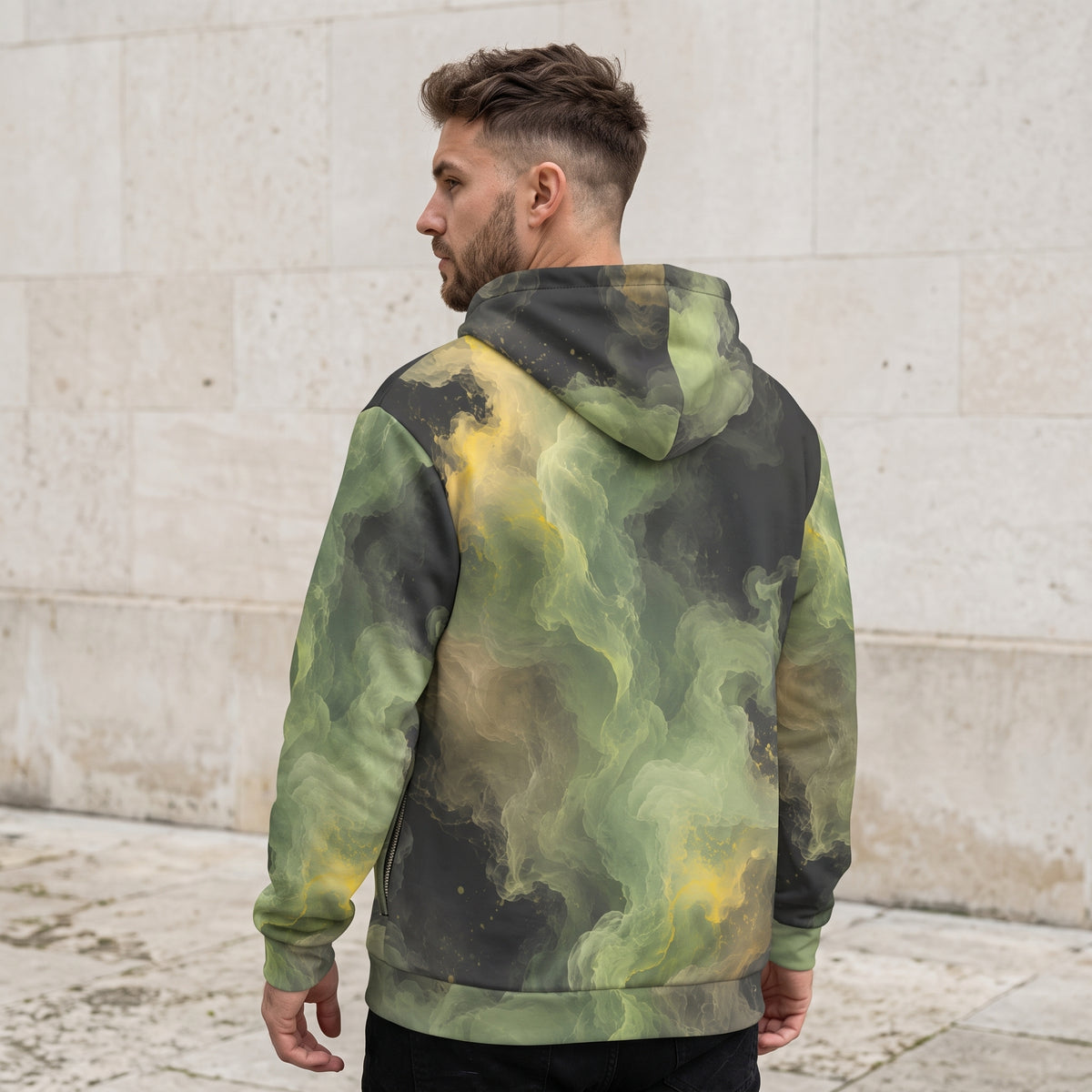 Man wearing the Verdant Shadow zip hoodie, olive and charcoal print