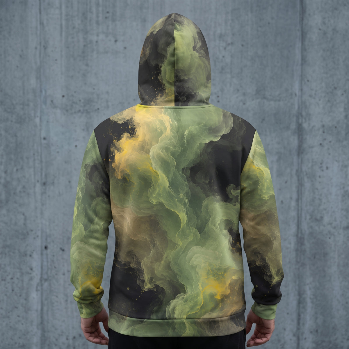 Man wearing the Verdant Shadow zip hoodie – olive green, charcoal and moss abstract camo print