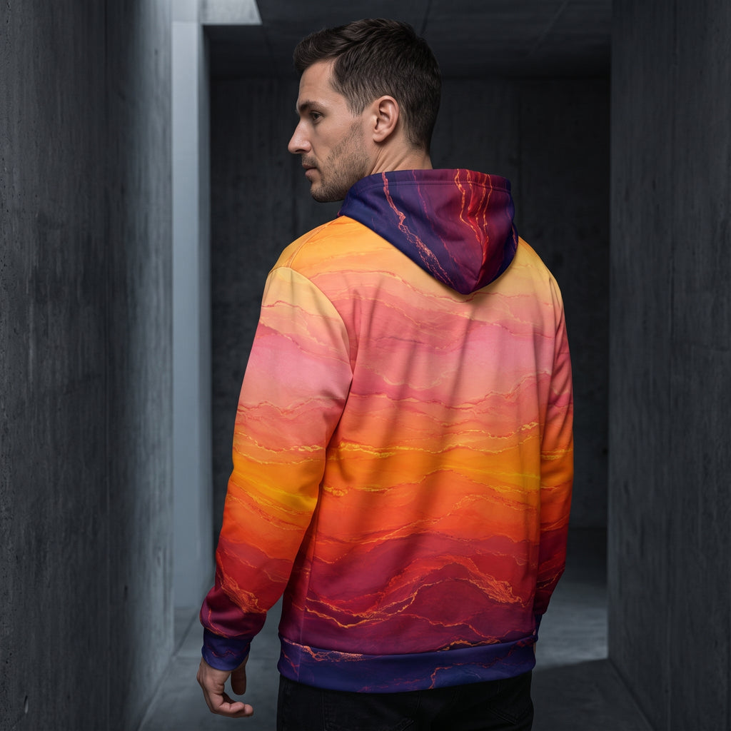 Man wearing the Solar Horizon zip hoodie – golden, orange and violet sunset gradient print