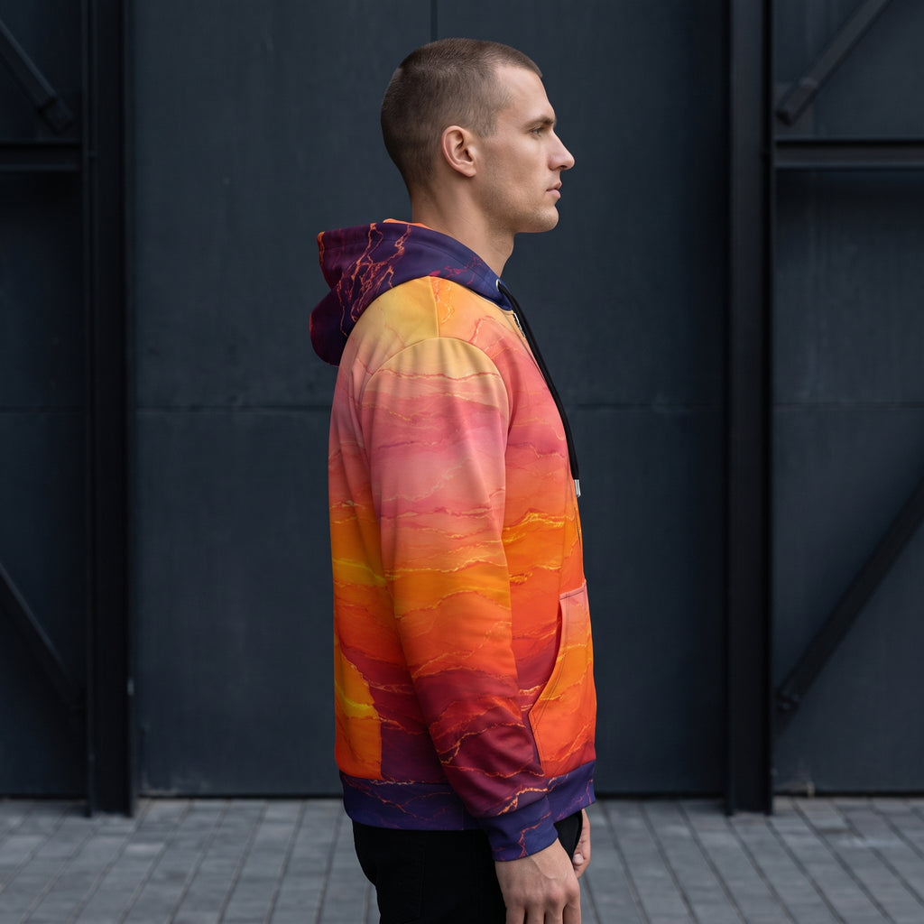 Man wearing the Solar Horizon zip hoodie – golden, orange and violet sunset gradient print