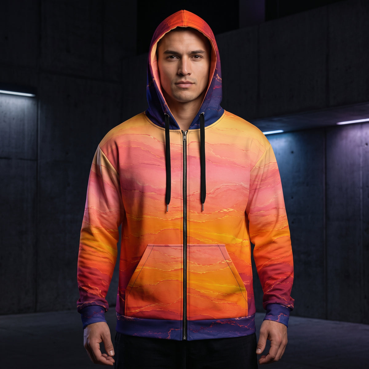 Man wearing the Solar Horizon all-over print zip hoodie