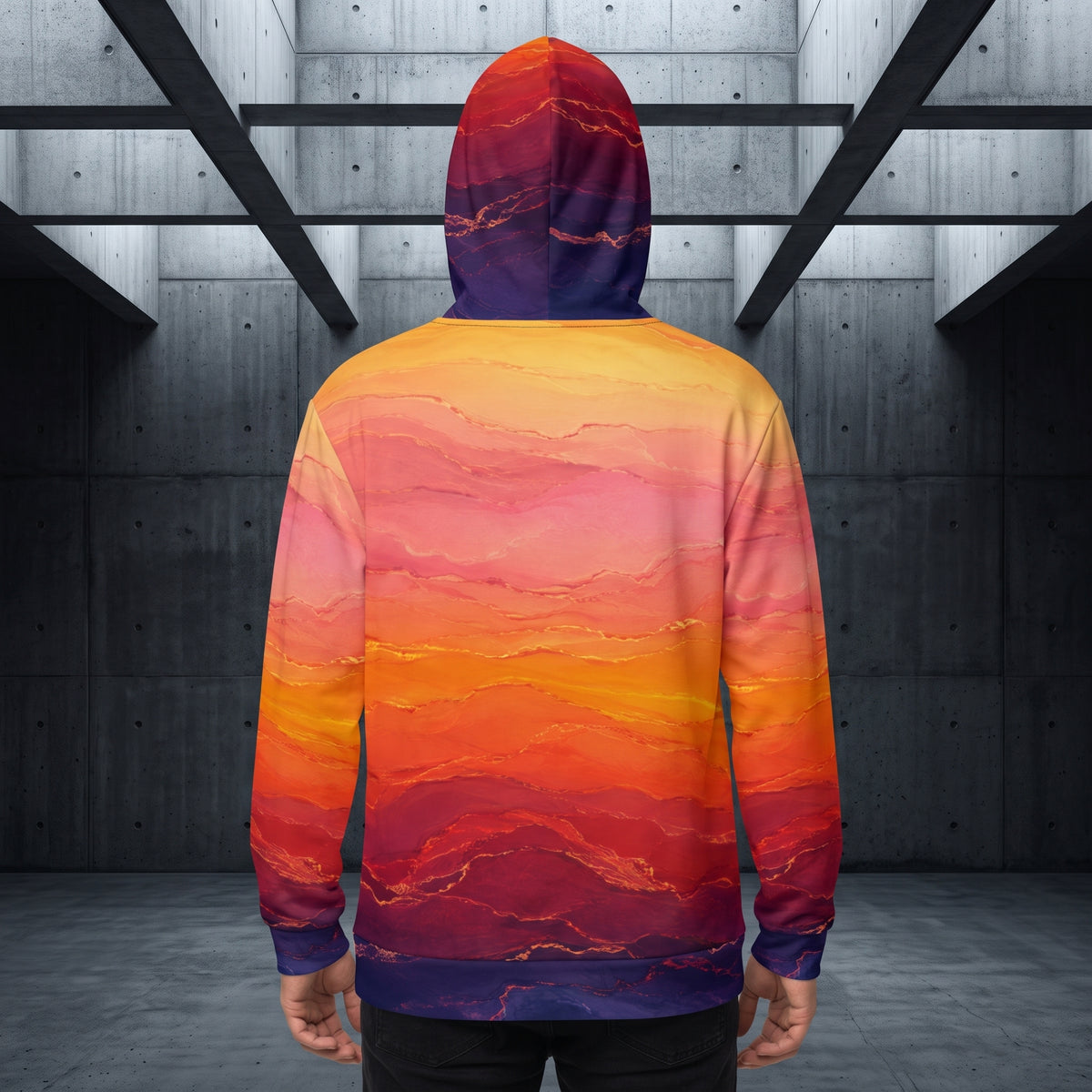 Man wearing the Solar Horizon all-over print zip hoodie