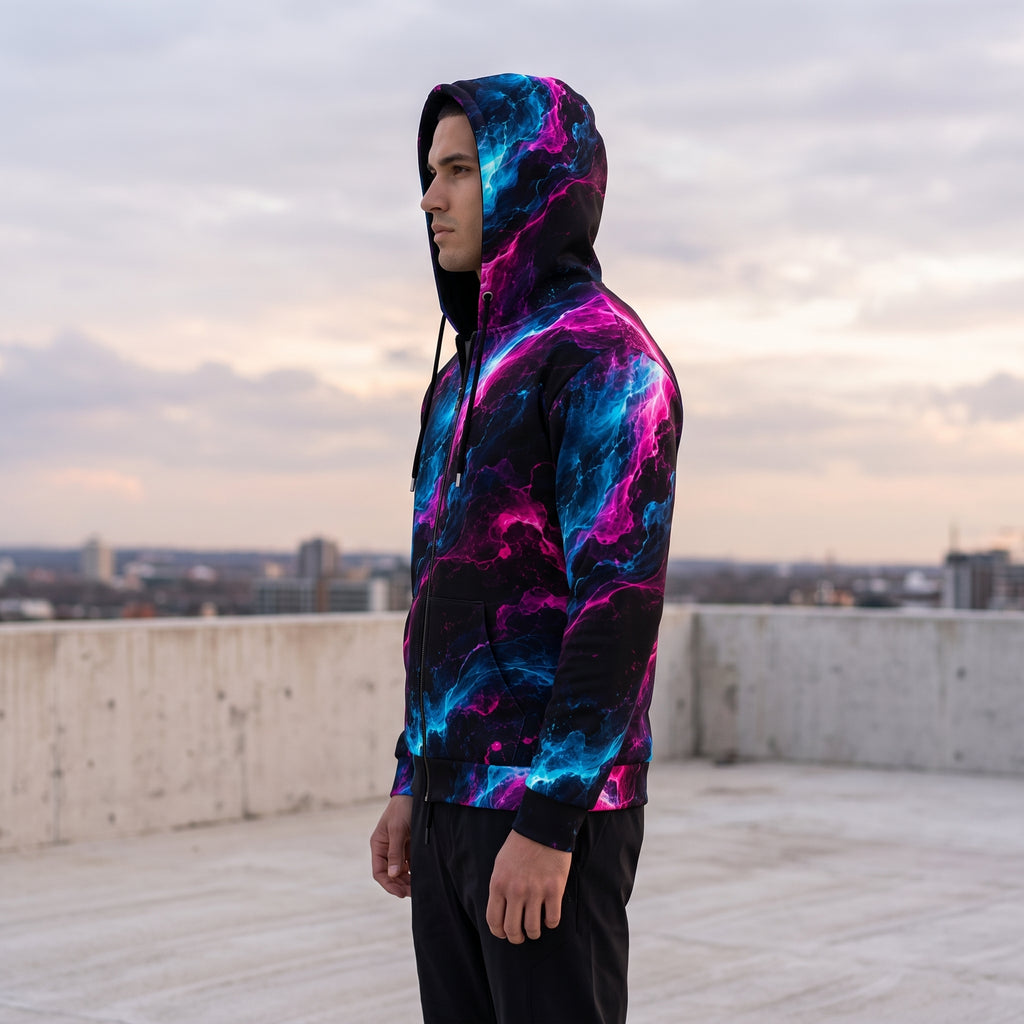 Man wearing the Neon Vortex all-over print zip hoodie