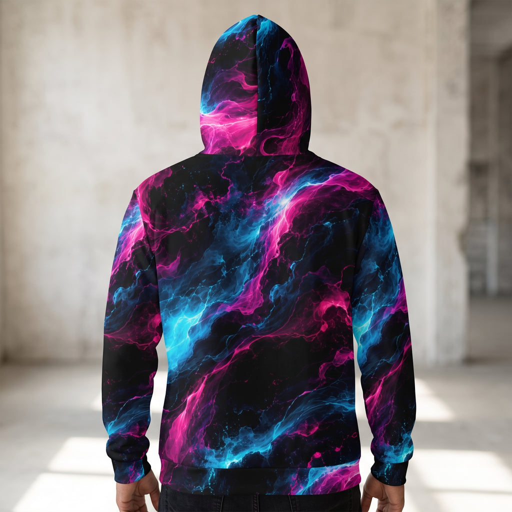 Man wearing the Neon Vortex zip hoodie, cyan and magenta print