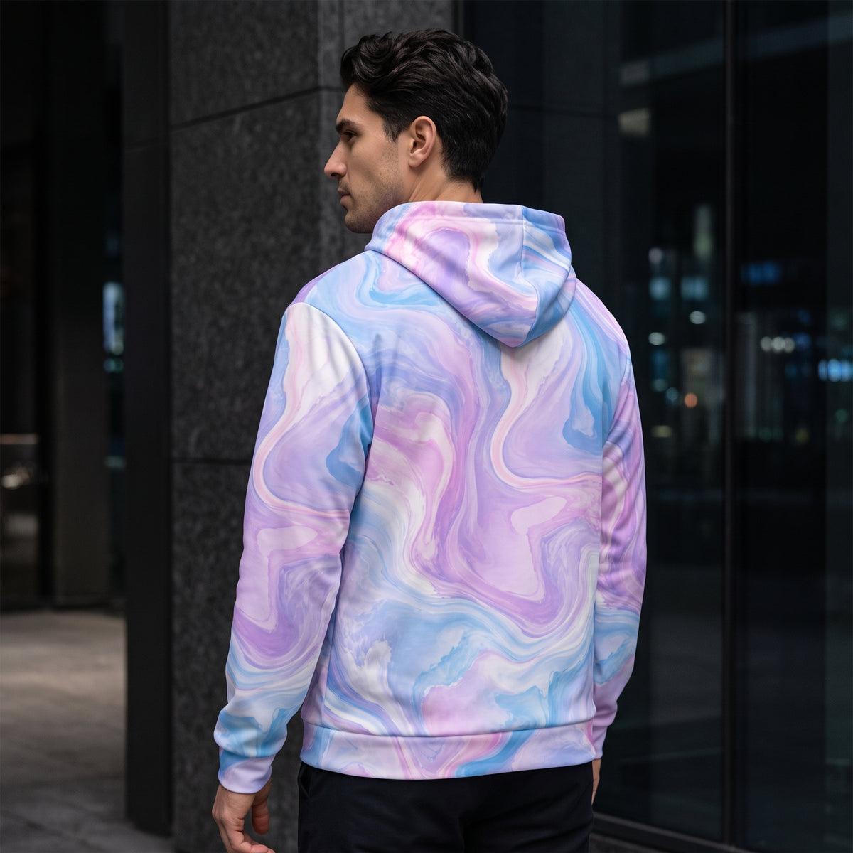 Man wearing the Pastel Mirage all-over print zip hoodie