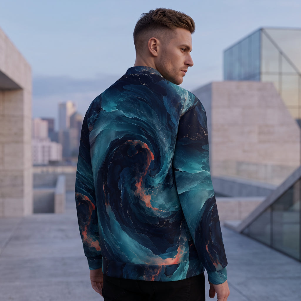 Man wearing the Neon Nebula all-over print bomber jacket zipped up