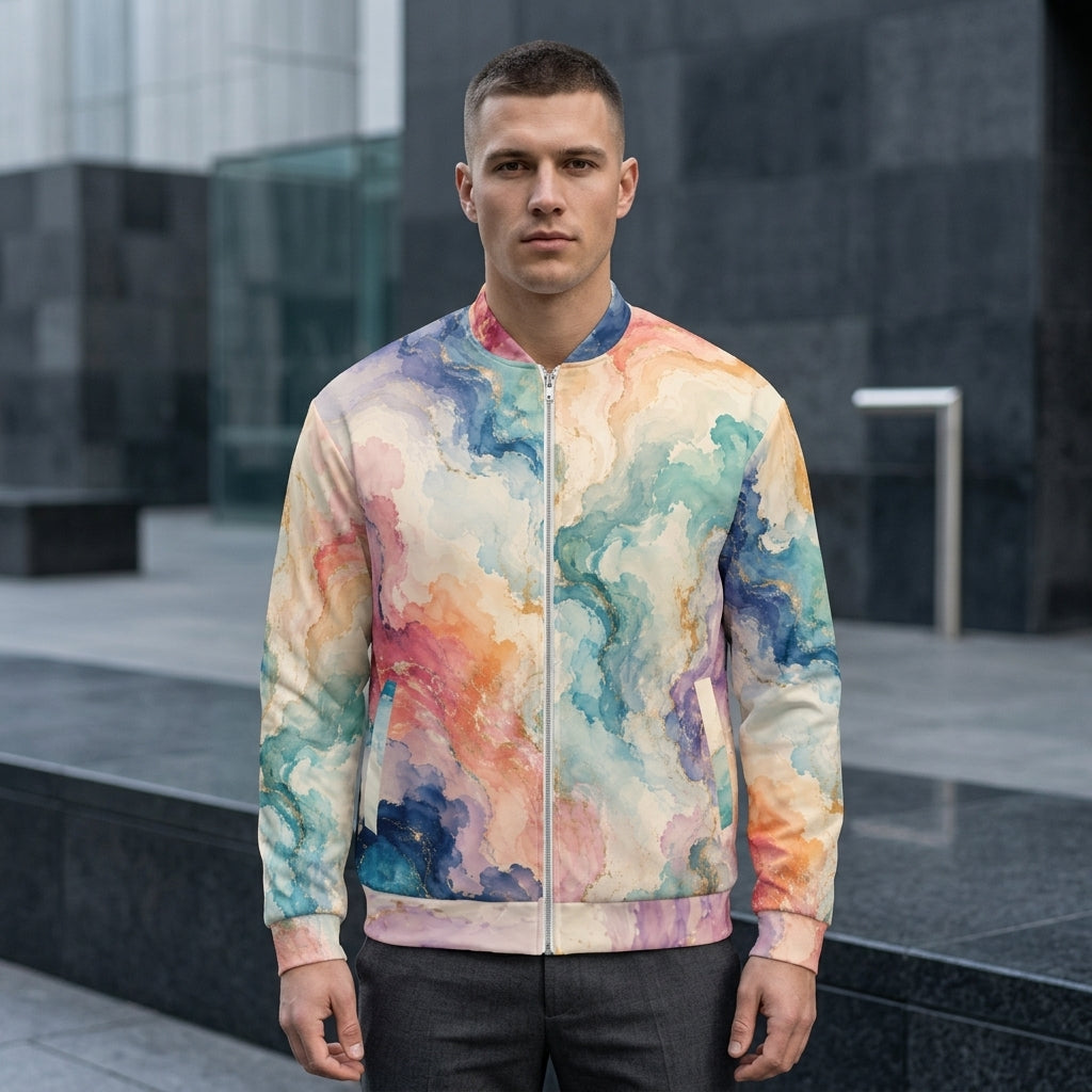 Man wearing the Ethereal Drift bomber jacket zipped up, blue and pink print