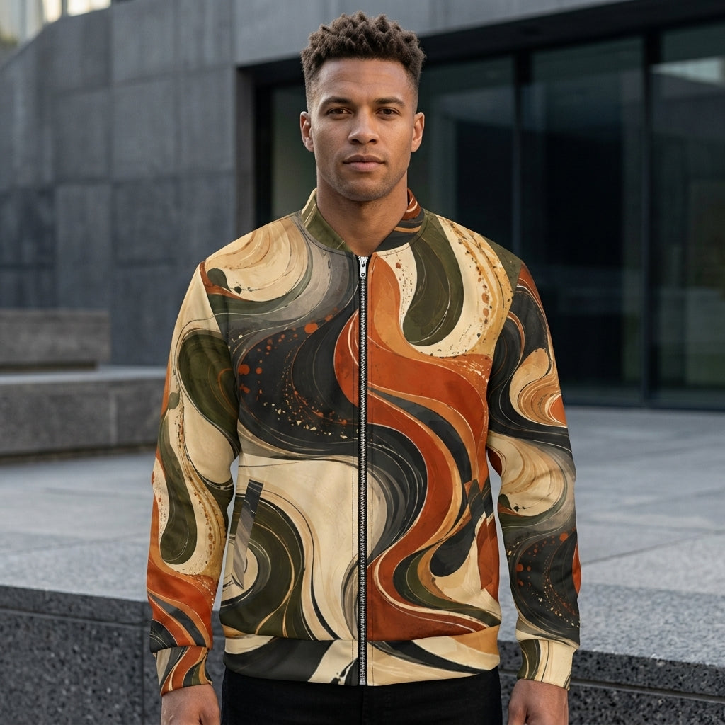 Man wearing the Terra Flux bomber jacket zipped up – burnt orange, olive and cream swirl print