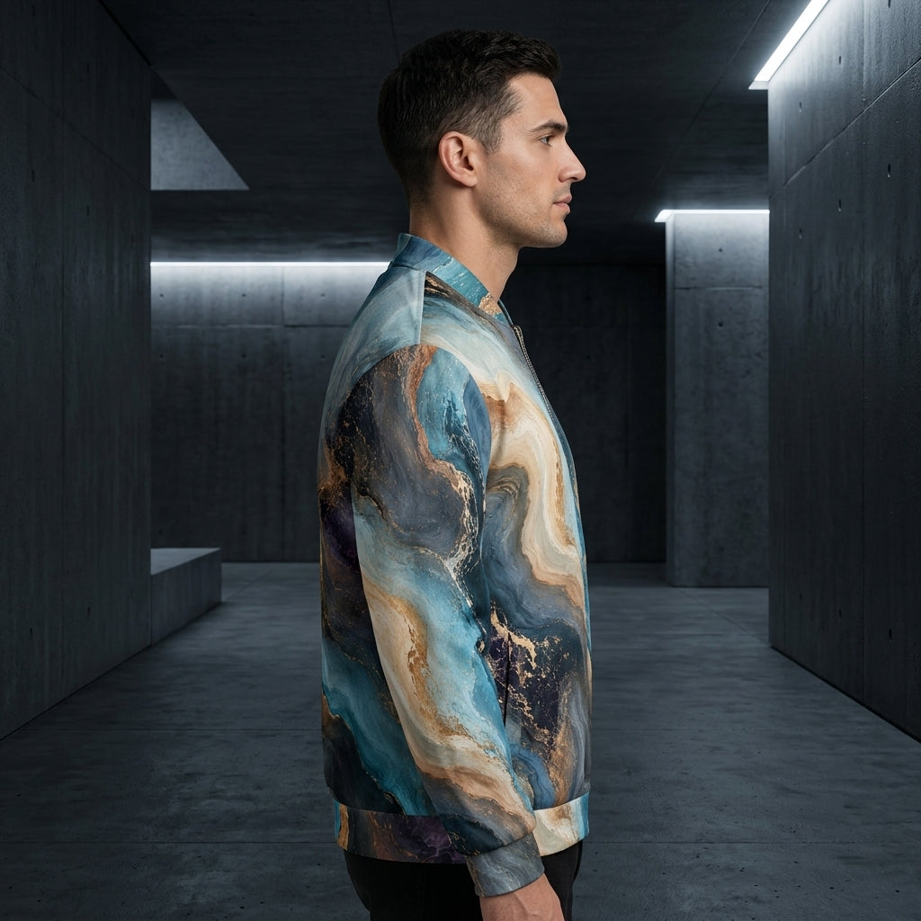 Man wearing the Oceanic Alchemy bomber jacket zipped up – navy, turquoise and ivory marble print