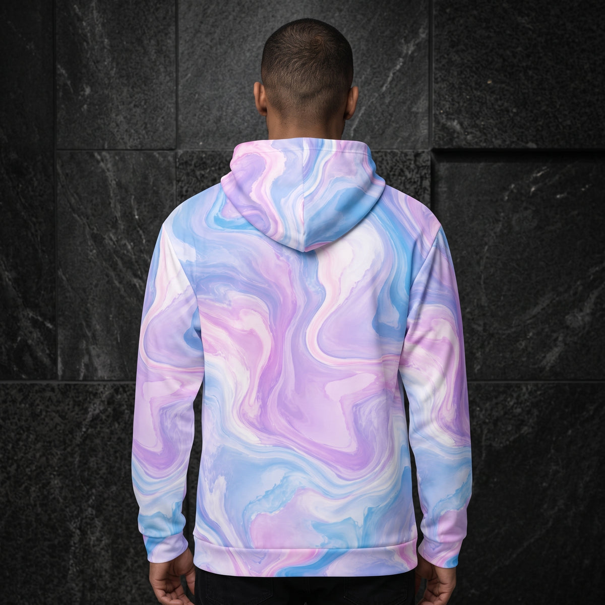 Man wearing the Pastel Mirage zip hoodie zipped up – lavender, blush pink and sky blue marble print
