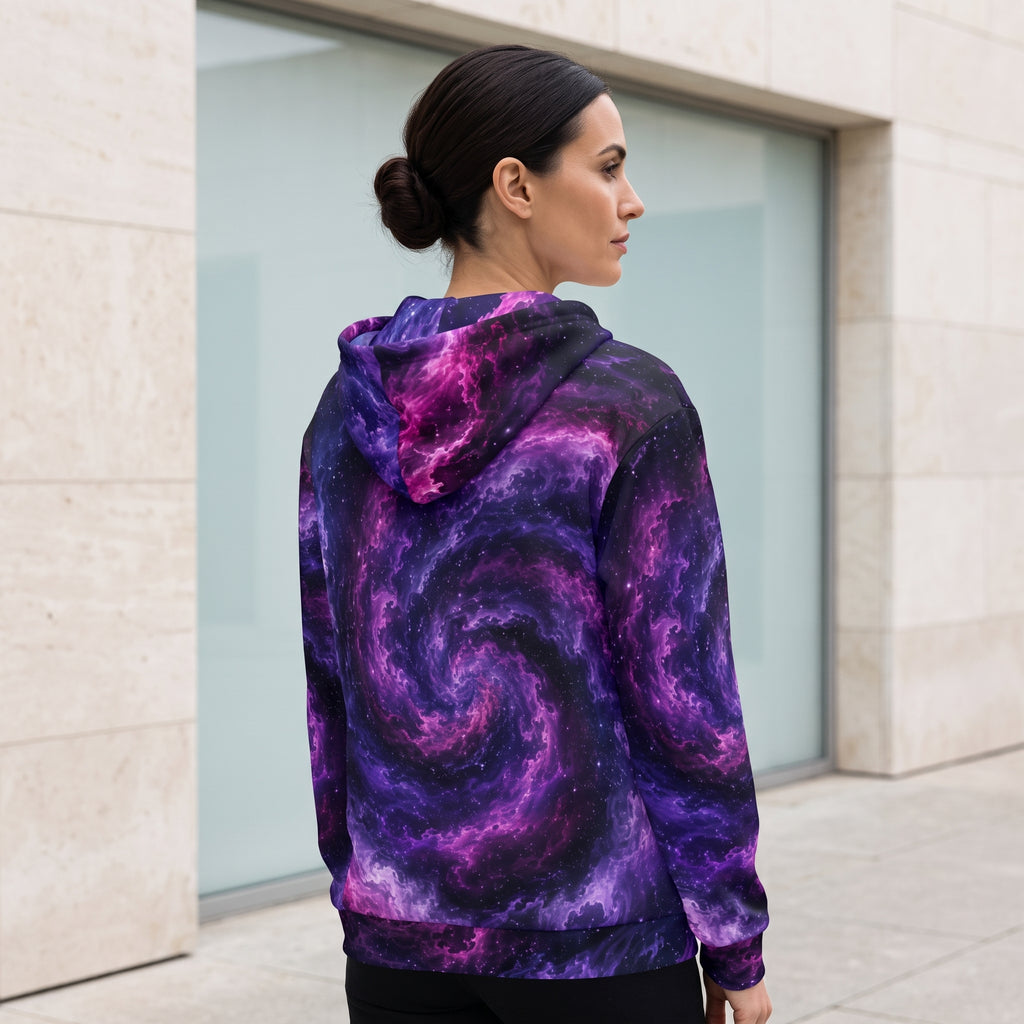 Model wearing the Cosmic Vortex zip hoodie – violet, purple and black nebula print