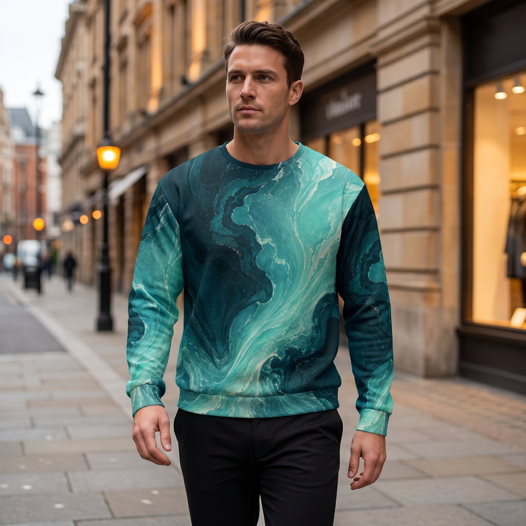 A man walking on a city street wearing a long-sleeve crewneck sweatshirt with a teal and dark green marbled abstract pattern, paired with black pants.