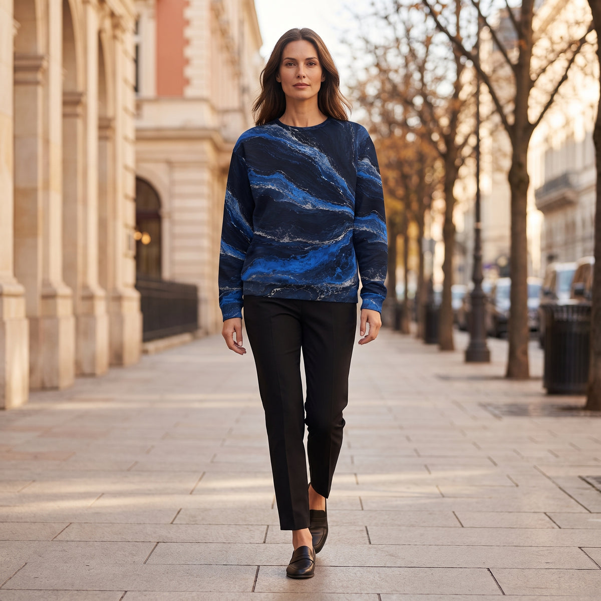 A woman walking down a city street wearing a navy blue long-sleeve sweatshirt with a blue and white marble pattern, paired with black trousers and black loafers.