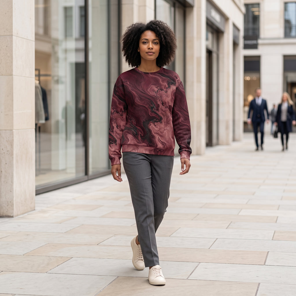 Model walking in the Burgundy Eclipse sweatshirt – burgundy, rose and black marble print