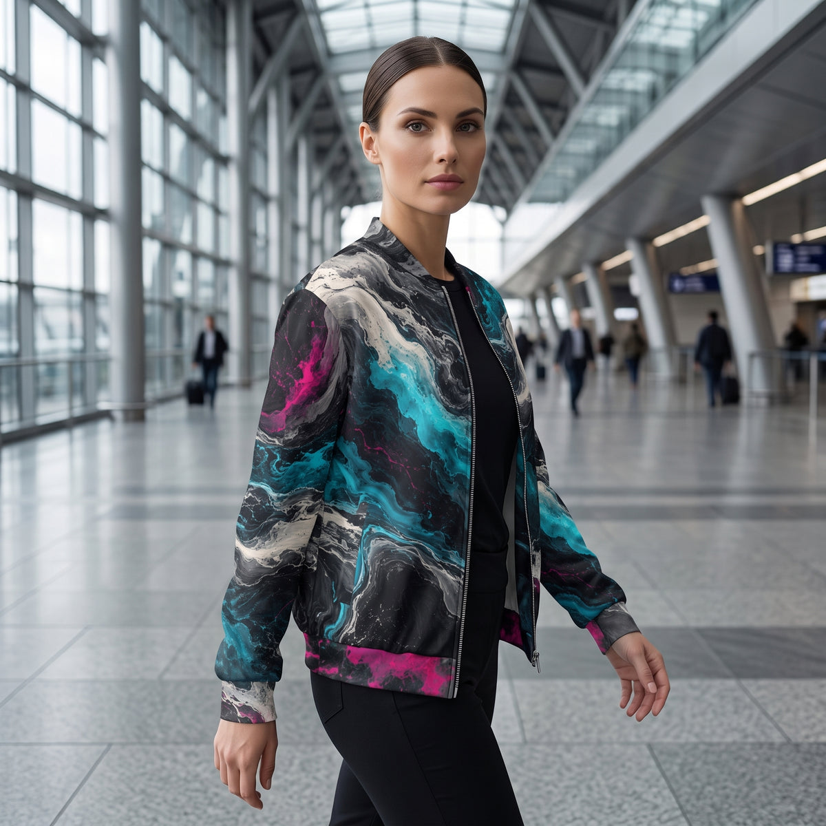 Model walking in the Geo Spectrum all-over print bomber jacket