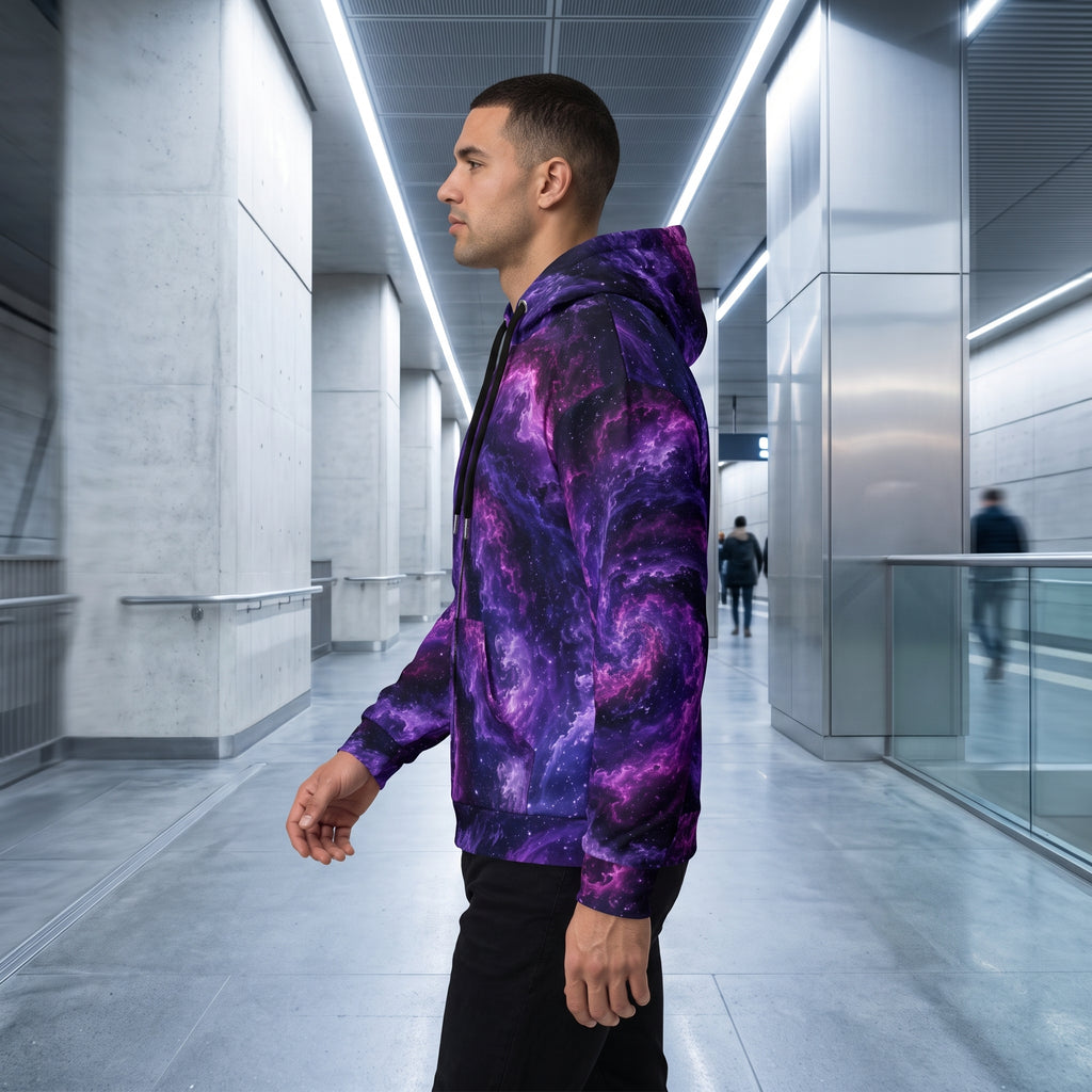 Model walking in the Cosmic Vortex all-over print zip hoodie