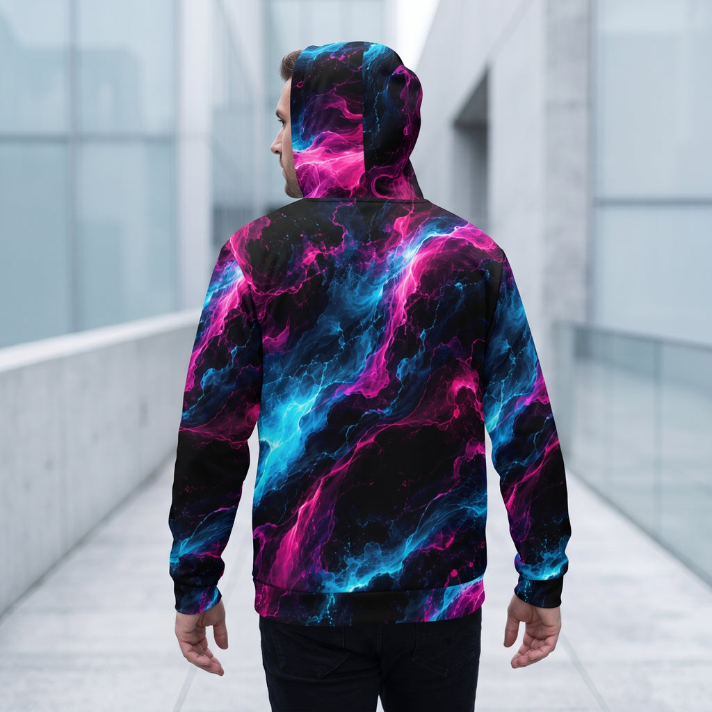 Model walking in the Neon Vortex zip hoodie, cyan and magenta print